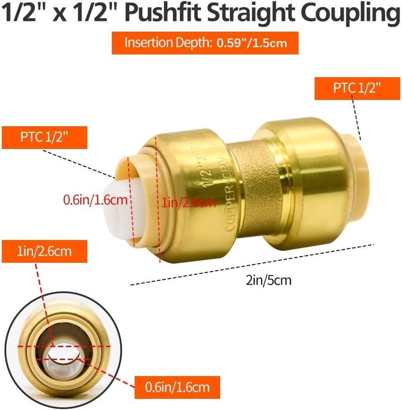 Ruby Q 12 Pack 1/2” Push-to-Connect Plumbing Fittings, Pushfit Straight Coupling Plumbing Fittings with Disconnect Clip for Copper, PEX, CPVC Pipe - Image 2